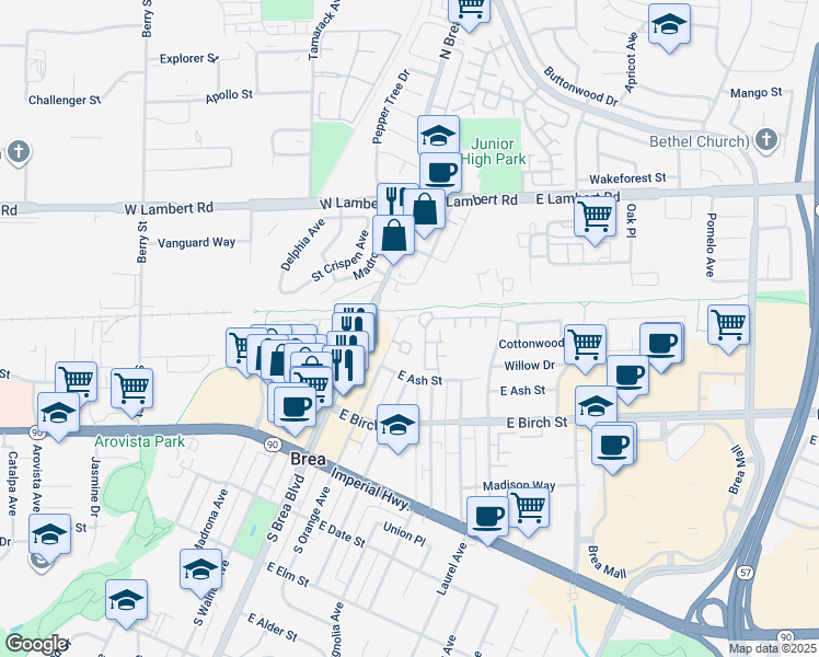 map of restaurants, bars, coffee shops, grocery stores, and more near 136 North Brea Boulevard in Brea