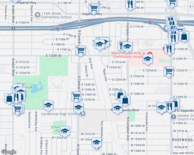 map of restaurants, bars, coffee shops, grocery stores, and more near 12243 Slater Avenue in Los Angeles