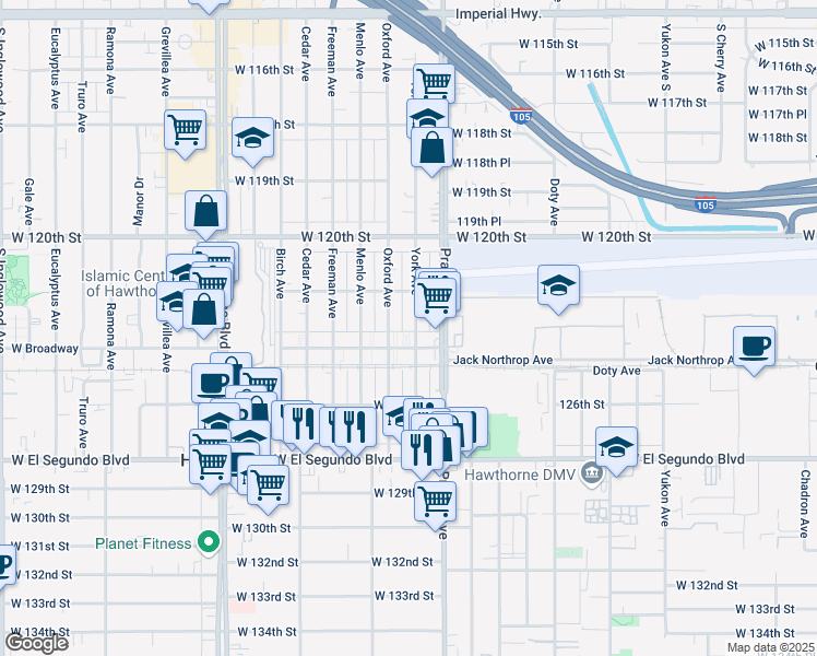 map of restaurants, bars, coffee shops, grocery stores, and more near 12301 York Avenue in Hawthorne