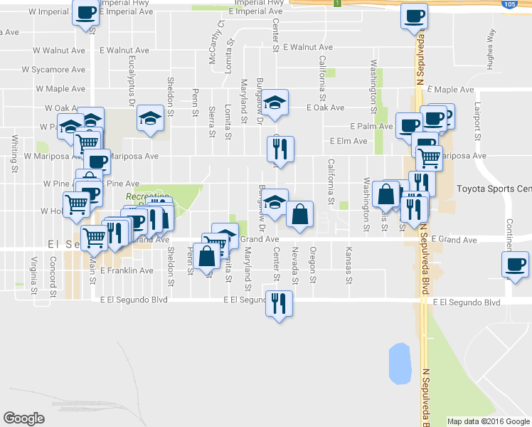 map of restaurants, bars, coffee shops, grocery stores, and more near 400 Bungalow Drive in El Segundo