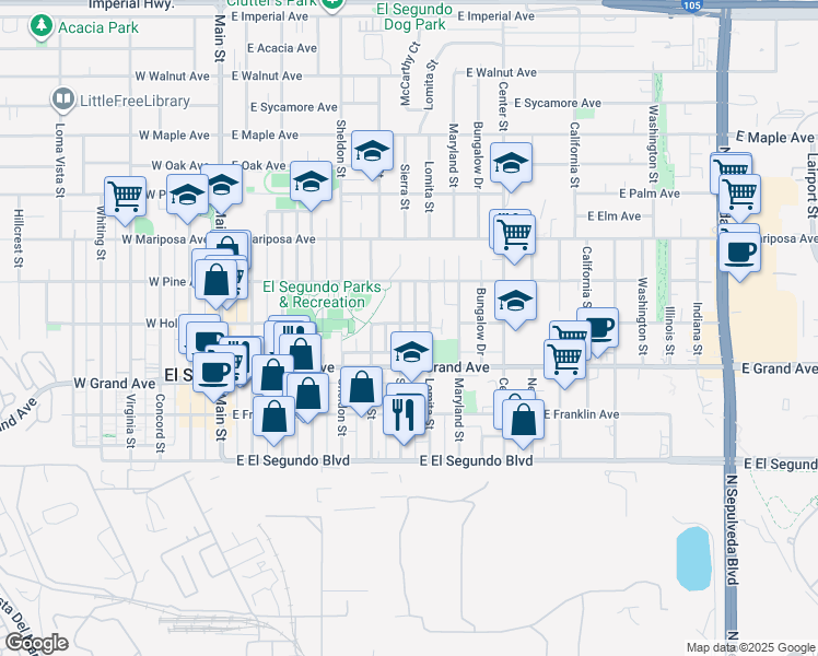map of restaurants, bars, coffee shops, grocery stores, and more near 707 East Holly Avenue in El Segundo