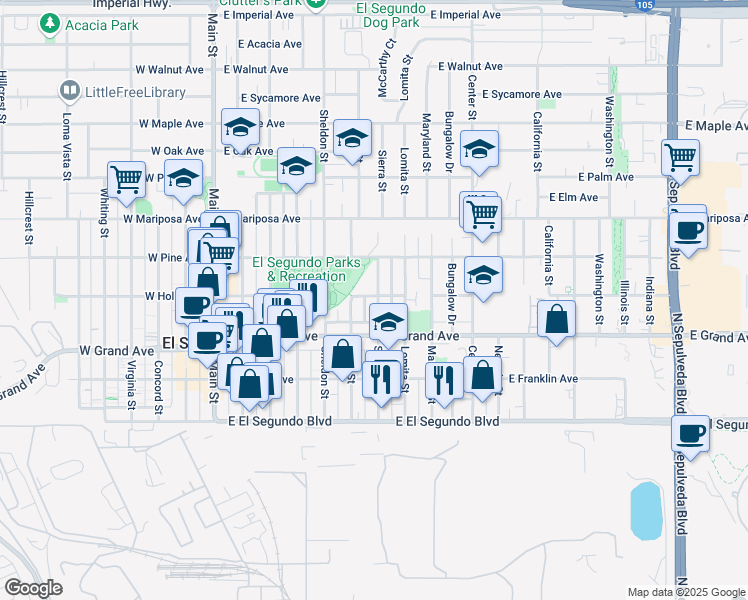 map of restaurants, bars, coffee shops, grocery stores, and more near 707 East Holly Avenue in El Segundo