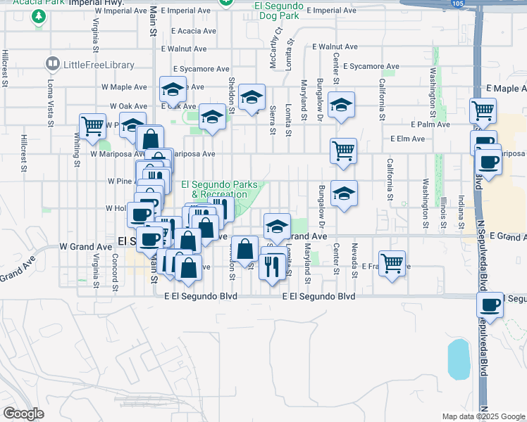 map of restaurants, bars, coffee shops, grocery stores, and more near 615 East Holly Avenue in El Segundo