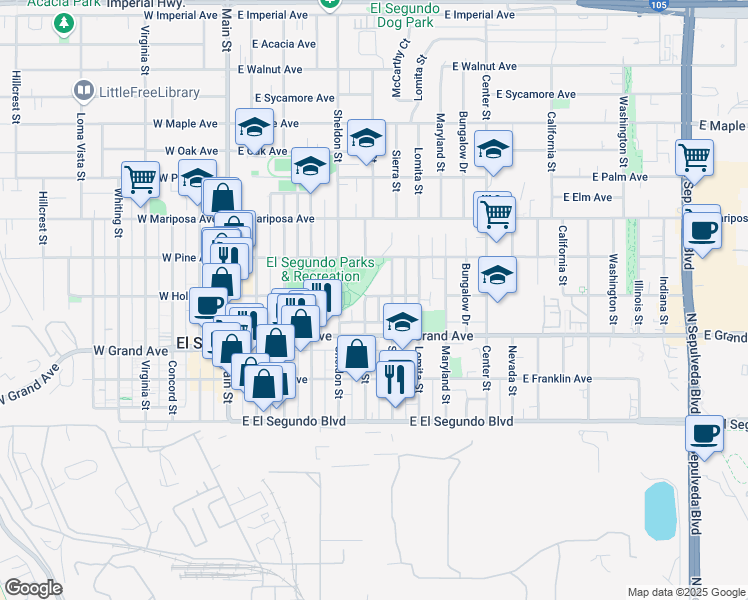 map of restaurants, bars, coffee shops, grocery stores, and more near 615 East Holly Avenue in El Segundo