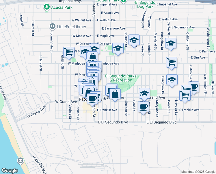 map of restaurants, bars, coffee shops, grocery stores, and more near 402 Standard Street in El Segundo