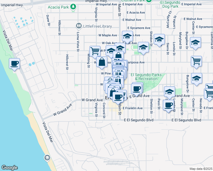 map of restaurants, bars, coffee shops, grocery stores, and more near 401 Richmond Street in El Segundo