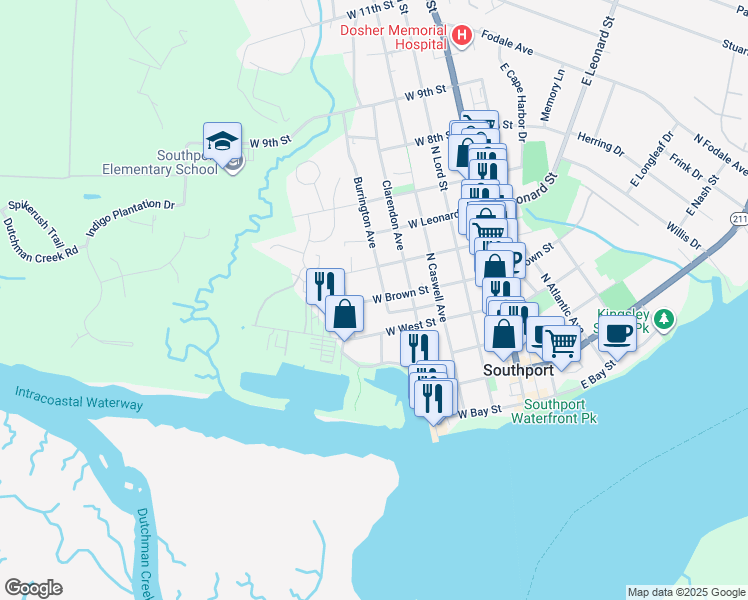 map of restaurants, bars, coffee shops, grocery stores, and more near 502 West Brown Street in Southport