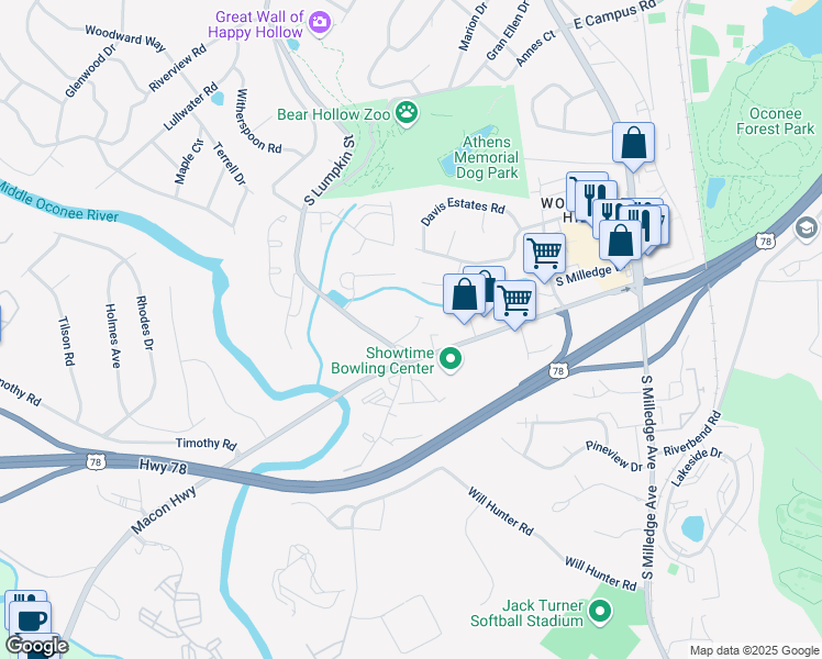 map of restaurants, bars, coffee shops, grocery stores, and more near 540 Macon Highway in Athens
