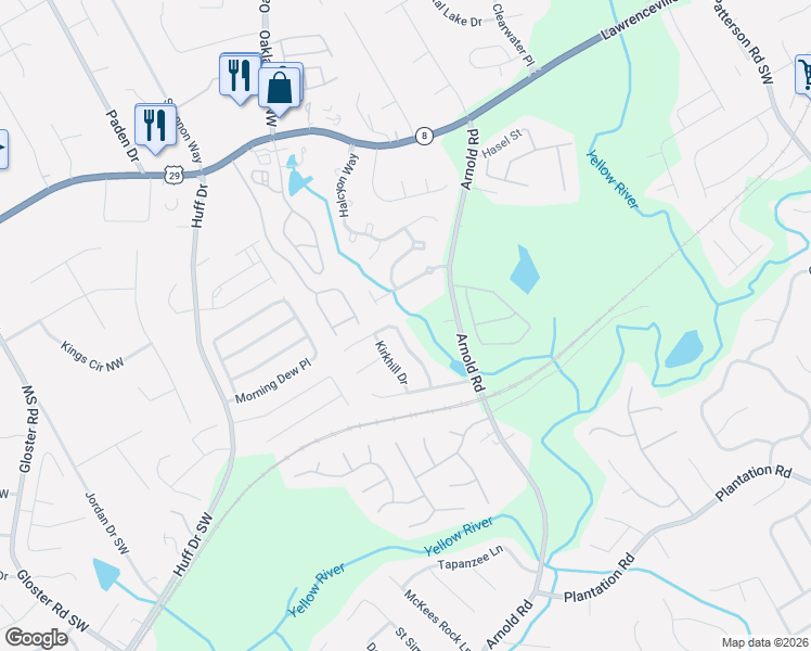 map of restaurants, bars, coffee shops, grocery stores, and more near 190 Kentshire Place Northwest in Lawrenceville