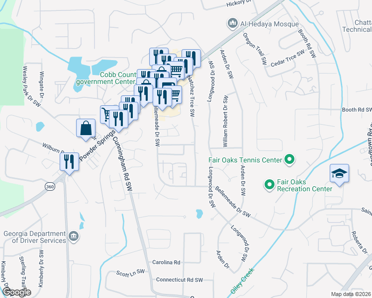 map of restaurants, bars, coffee shops, grocery stores, and more near 633 Springhollow Drive Southwest in Marietta