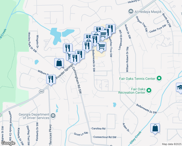map of restaurants, bars, coffee shops, grocery stores, and more near 729 Cedar Pointe Court Southwest in Marietta