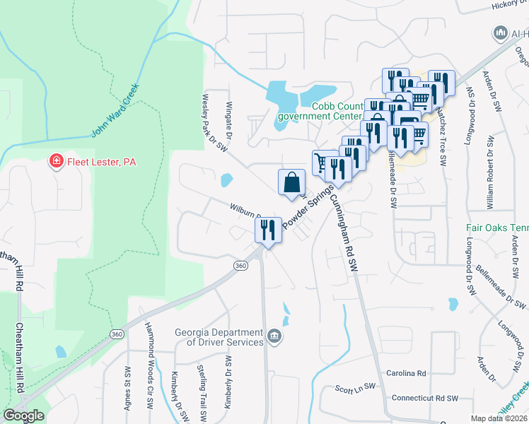 map of restaurants, bars, coffee shops, grocery stores, and more near 1010 Wilburn Drive Southwest in Marietta