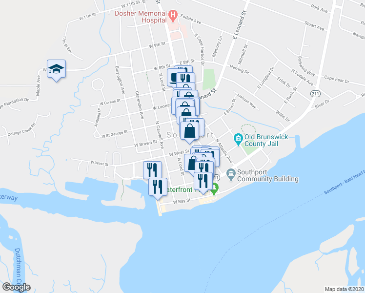 map of restaurants, bars, coffee shops, grocery stores, and more near 114 W West Street in Southport