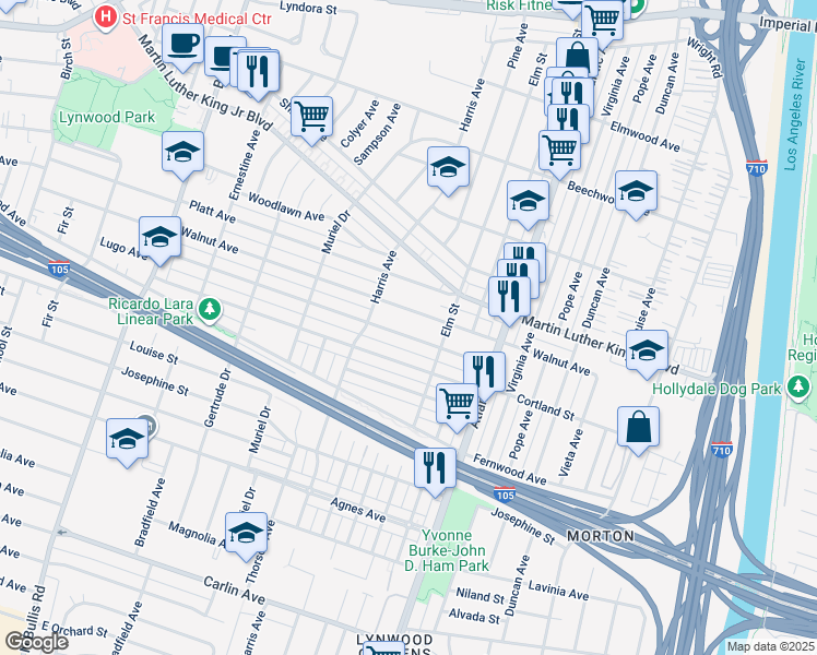map of restaurants, bars, coffee shops, grocery stores, and more near 4245 Lugo Avenue in Lynwood