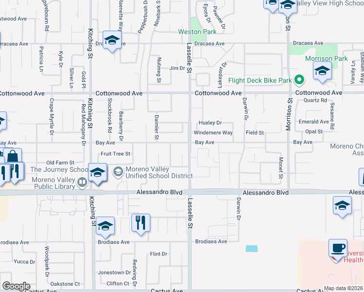 map of restaurants, bars, coffee shops, grocery stores, and more near 25959 Bay Avenue in Moreno Valley