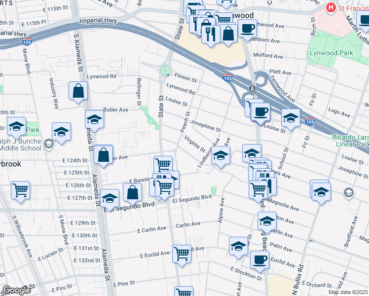 map of restaurants, bars, coffee shops, grocery stores, and more near 3215 Cedar Avenue in Lynwood