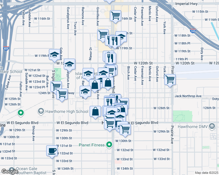 map of restaurants, bars, coffee shops, grocery stores, and more near 12251 Hawthorne Boulevard in Hawthorne