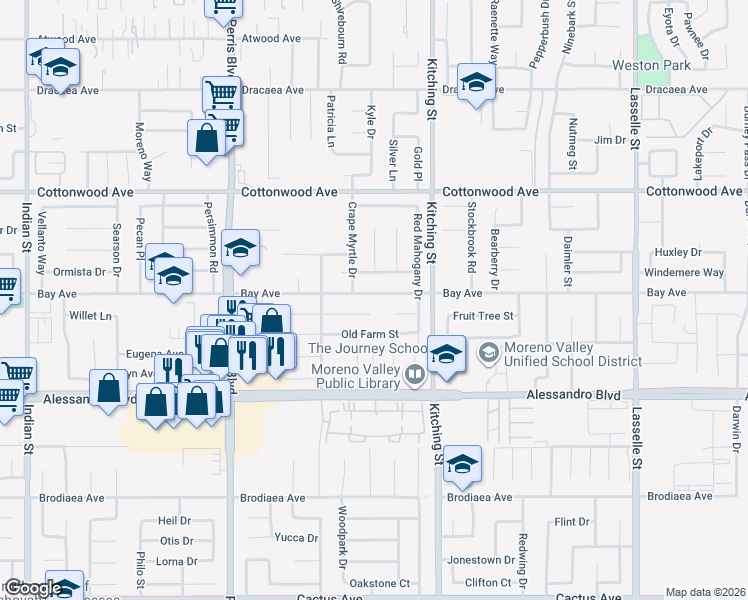 map of restaurants, bars, coffee shops, grocery stores, and more near 25322 Bay Avenue in Moreno Valley