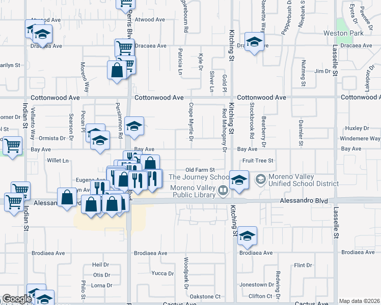map of restaurants, bars, coffee shops, grocery stores, and more near 25322 Bay Avenue in Moreno Valley