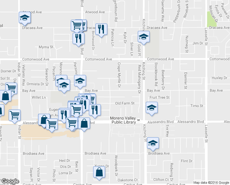 map of restaurants, bars, coffee shops, grocery stores, and more near 25252 Bay Avenue in Moreno Valley