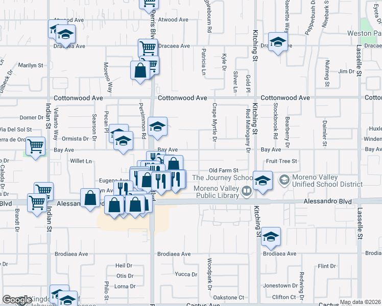 map of restaurants, bars, coffee shops, grocery stores, and more near 25152 Bay Avenue in Moreno Valley