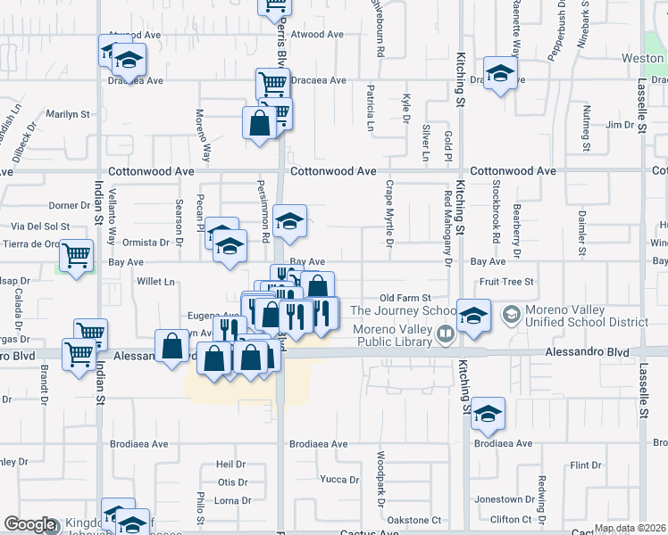 map of restaurants, bars, coffee shops, grocery stores, and more near 25152 Bay Avenue in Moreno Valley