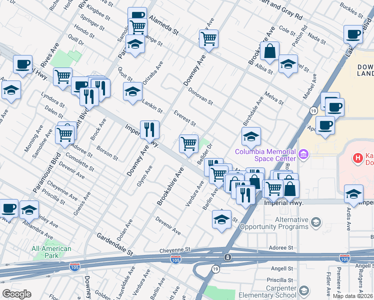 map of restaurants, bars, coffee shops, grocery stores, and more near 12552 Brookshire Avenue in Downey