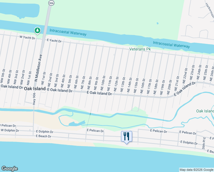 map of restaurants, bars, coffee shops, grocery stores, and more near 107 NE 11th St in Oak Island
