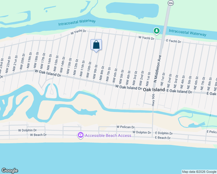 map of restaurants, bars, coffee shops, grocery stores, and more near 707 W Oak Island Dr in Oak Island