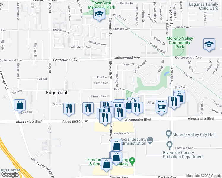 map of restaurants, bars, coffee shops, grocery stores, and more near Bay Ave & Elsworth St in Moreno Valley