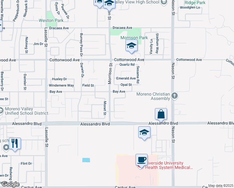 map of restaurants, bars, coffee shops, grocery stores, and more near 26547 Bay Avenue in Moreno Valley