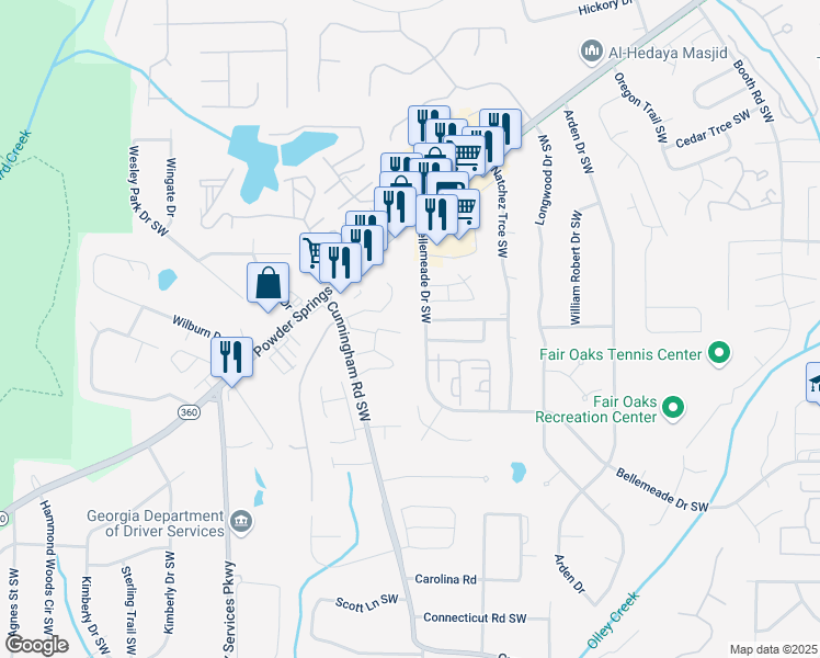 map of restaurants, bars, coffee shops, grocery stores, and more near 729 Cedar Pointe Court Southwest in Marietta