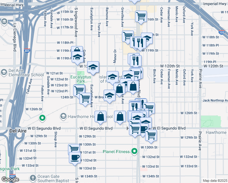map of restaurants, bars, coffee shops, grocery stores, and more near 12319 Manor Drive in Hawthorne