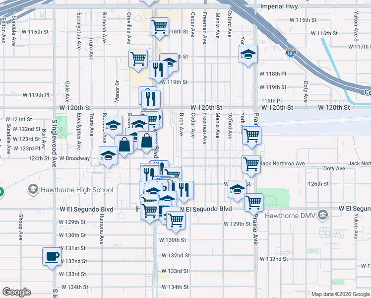 map of restaurants, bars, coffee shops, grocery stores, and more near 12318 Birch Avenue in Hawthorne