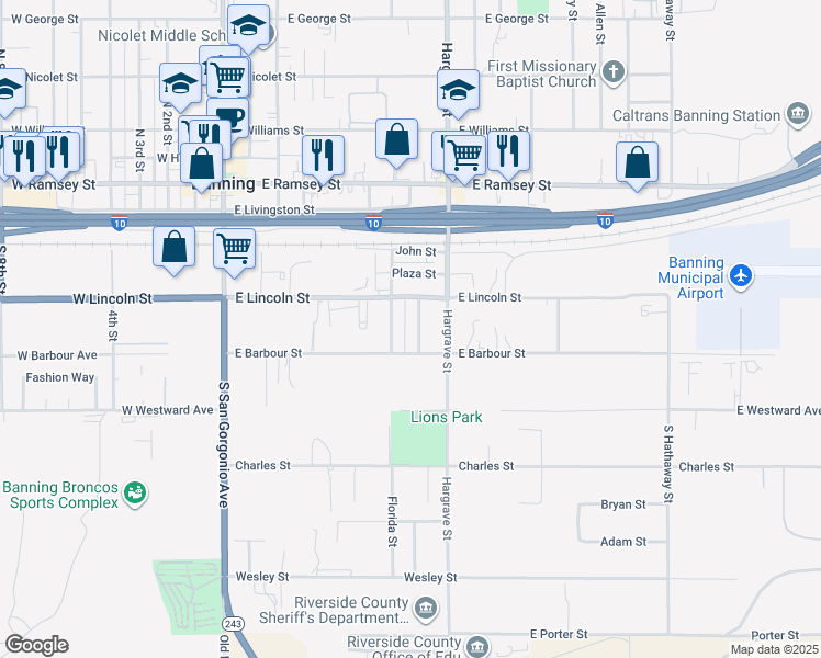 map of restaurants, bars, coffee shops, grocery stores, and more near 481 South Hermosa Avenue in Banning