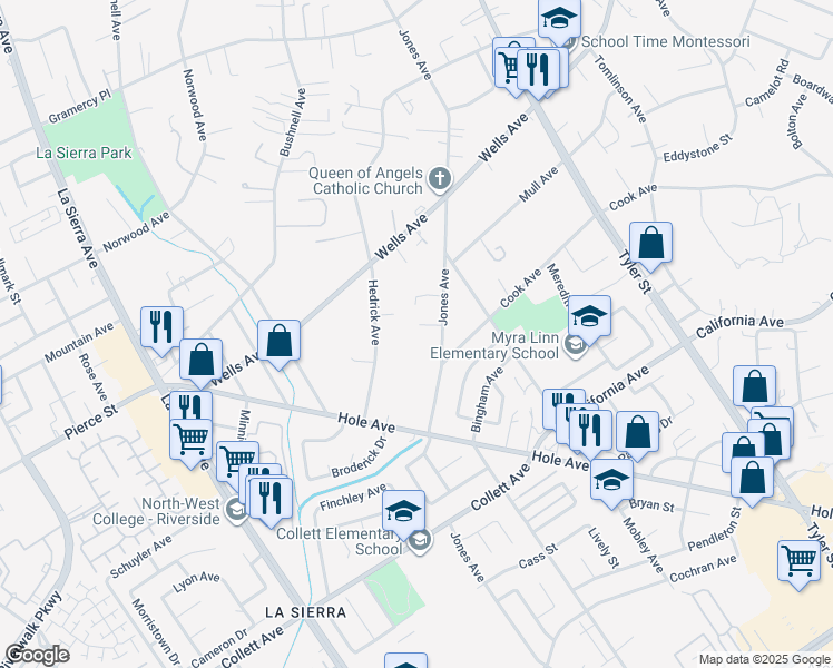 map of restaurants, bars, coffee shops, grocery stores, and more near 10742 Jeri Drive in Riverside