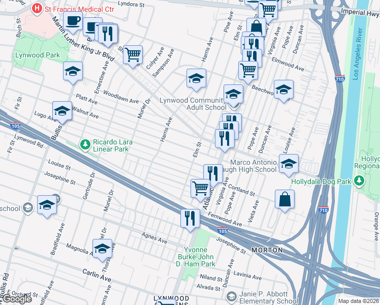 map of restaurants, bars, coffee shops, grocery stores, and more near 4274 Walnut Avenue in Lynwood