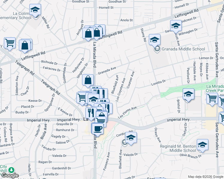 map of restaurants, bars, coffee shops, grocery stores, and more near 12113 Bluefield Avenue in La Mirada