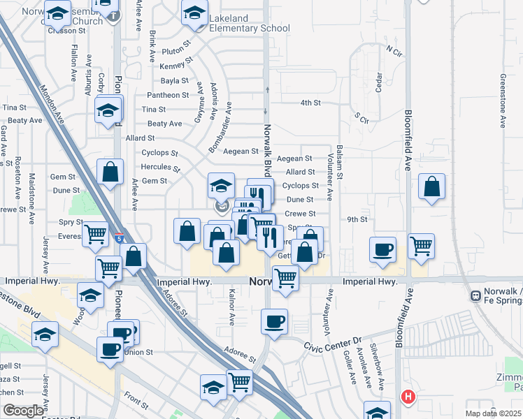 map of restaurants, bars, coffee shops, grocery stores, and more near 12100 Crewe Street in Norwalk