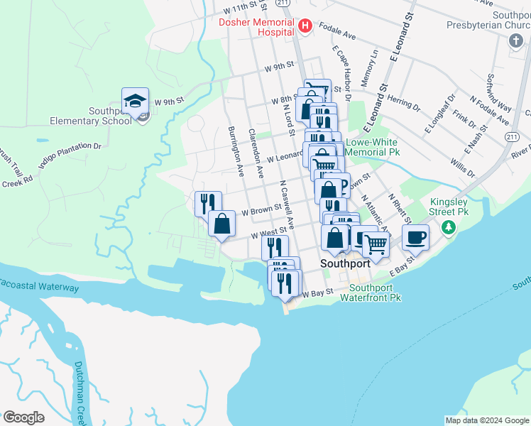 map of restaurants, bars, coffee shops, grocery stores, and more near 319 Clarendon Avenue in Southport