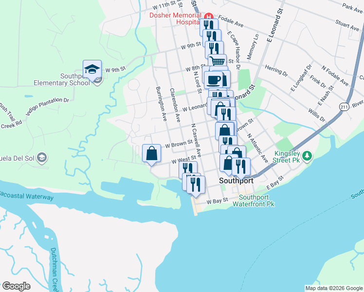 map of restaurants, bars, coffee shops, grocery stores, and more near 319 Clarendon Avenue in Southport