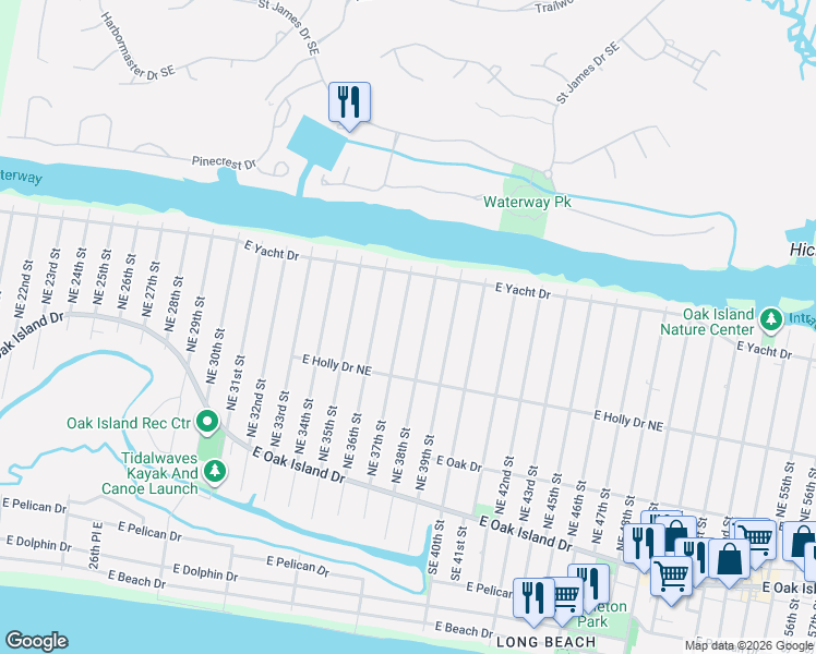 map of restaurants, bars, coffee shops, grocery stores, and more near 230 Northeast 37th Street in Oak Island