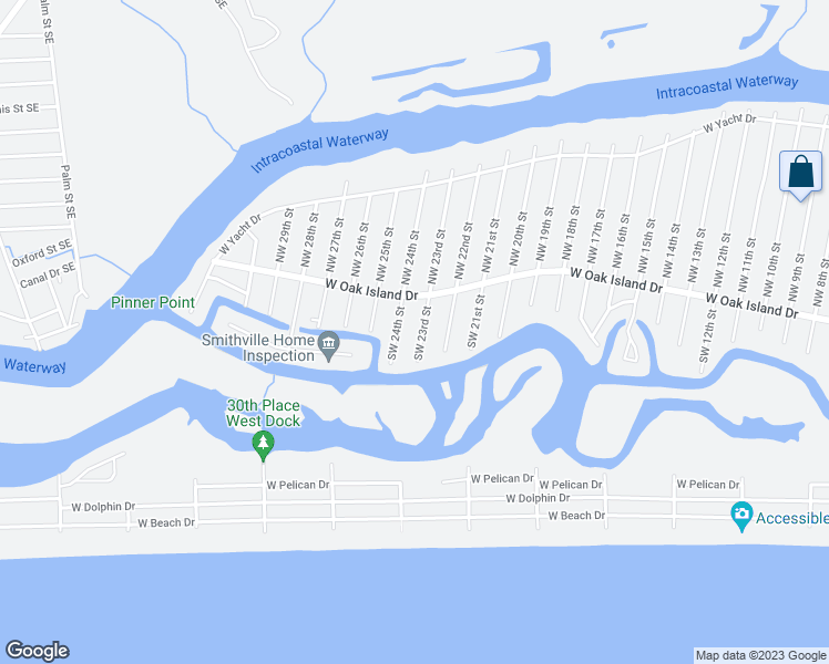 map of restaurants, bars, coffee shops, grocery stores, and more near 109 Southwest 23rd Street in Oak Island