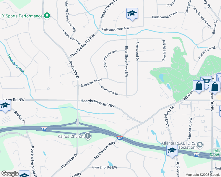 map of restaurants, bars, coffee shops, grocery stores, and more near 6025 Riverwood Drive Northwest in Atlanta