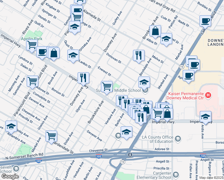 map of restaurants, bars, coffee shops, grocery stores, and more near 12552 Brookshire Avenue in Downey