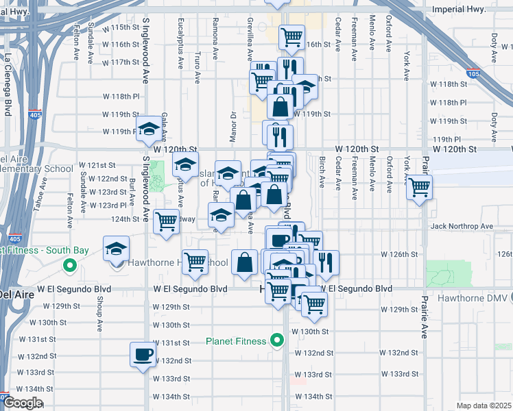 map of restaurants, bars, coffee shops, grocery stores, and more near 12312 Grevillea Avenue in Hawthorne