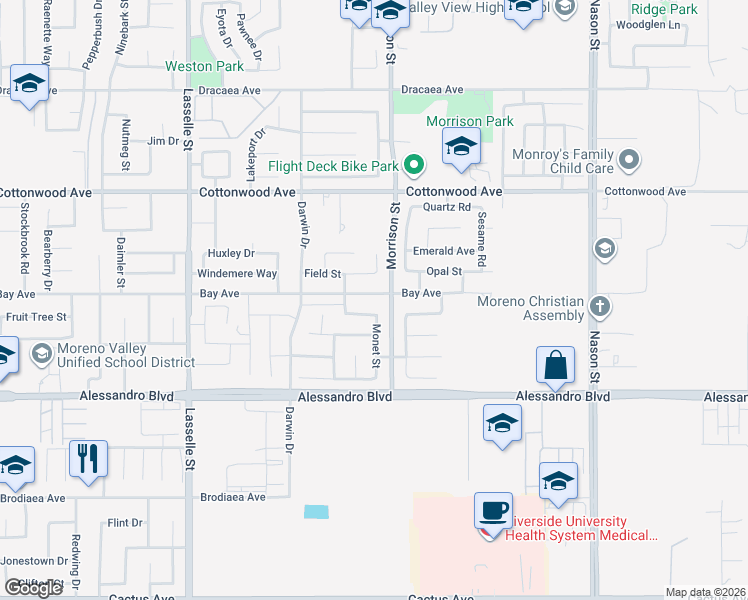 map of restaurants, bars, coffee shops, grocery stores, and more near 26469 Bay Avenue in Moreno Valley