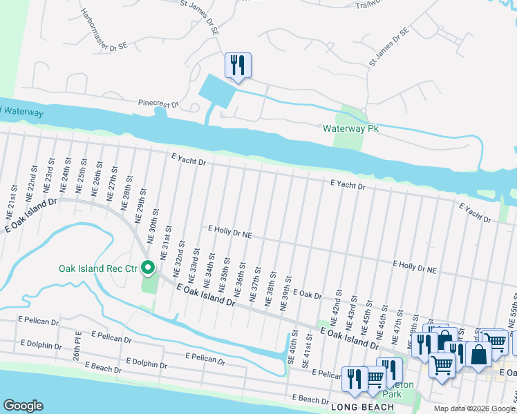 map of restaurants, bars, coffee shops, grocery stores, and more near 224 Northeast 36th Street in Oak Island