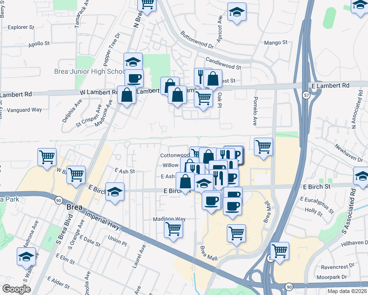 map of restaurants, bars, coffee shops, grocery stores, and more near 648 Pepperwood Drive in Brea