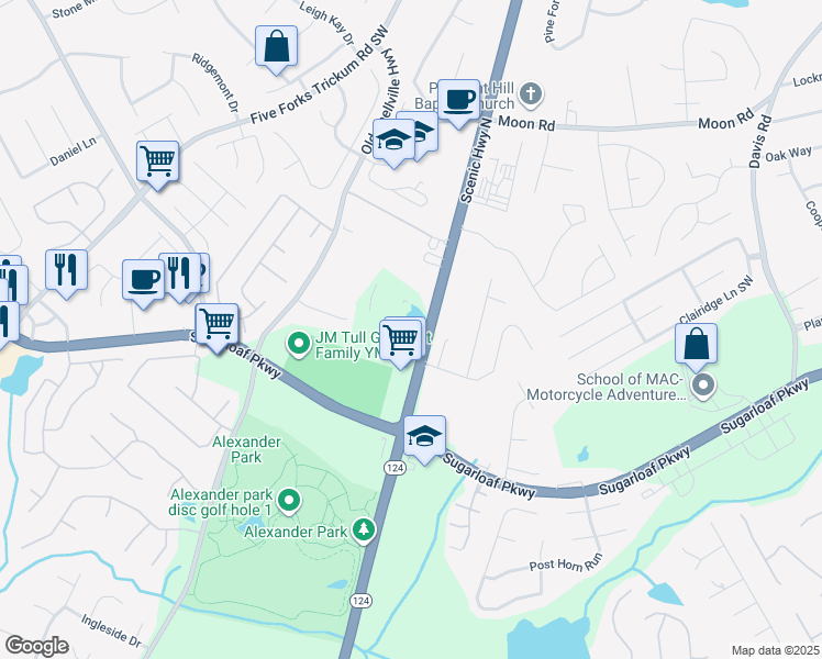 map of restaurants, bars, coffee shops, grocery stores, and more near 745 Scenic Highway South in Lawrenceville